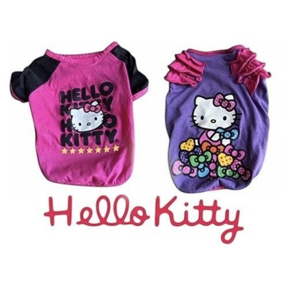 Two Hello Kitty T Shirts For Cats Bright Colors Purple Pink Adorable Fur Baby S